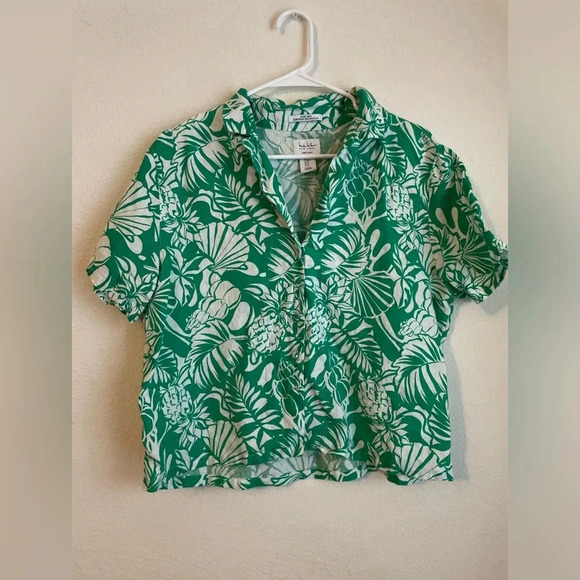 Nicole Miller Green and White Collar Button Down Shirt 100% linen size M - Picture 1 of 8